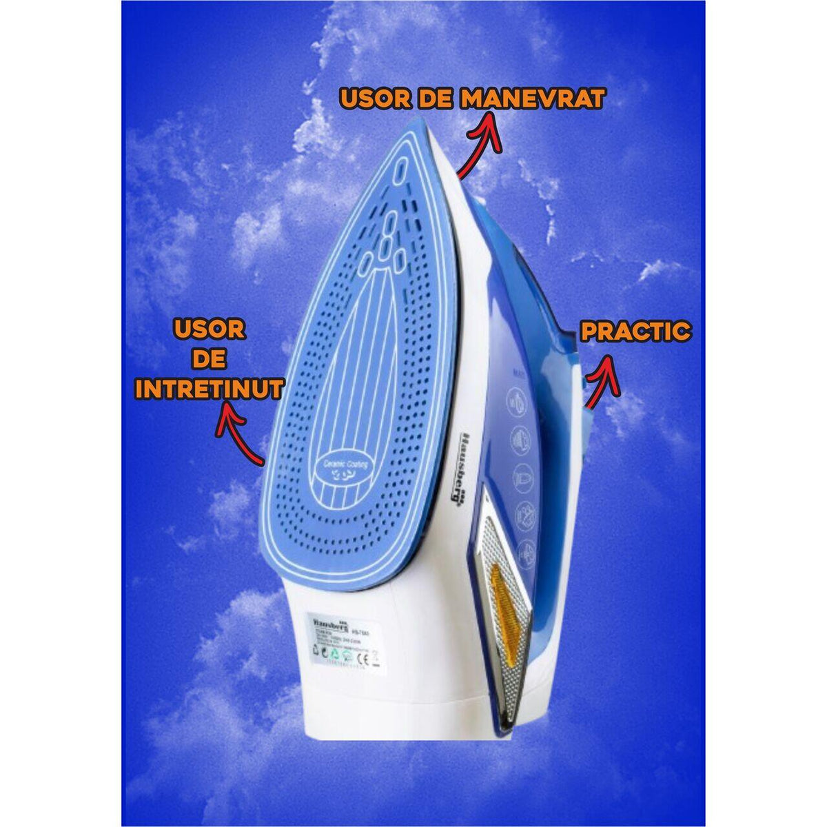 Hausberg HB-7880BL gőzölős vasaló, 2300W, kerámia bevonatos vasalótalp, 400 ml víztartály