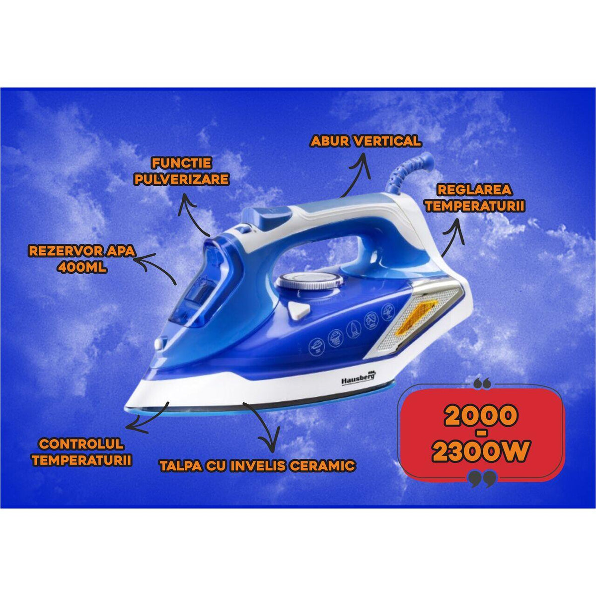 Hausberg HB-7880BL gőzölős vasaló, 2300W, kerámia bevonatos vasalótalp, 400 ml víztartály