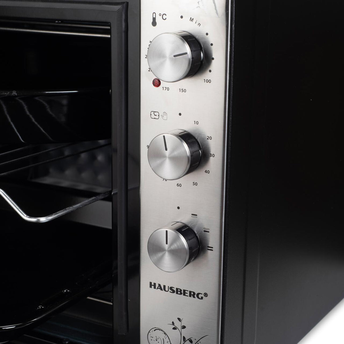 HAUSBERG HB-8022 elektromos sütő, 2500W, 70L űrtartalom, állítható termosztát, mechanikus időzítő hangjelzéssel és automata kikapcsolással, fekete/rozsdamentes acél