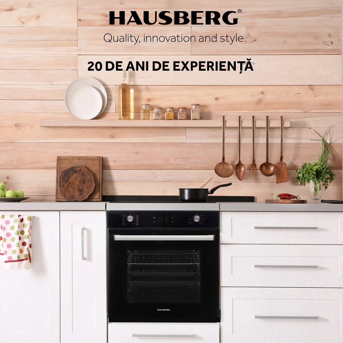 Hausberg HB-8054NG beépíthető elektromos sütő, A osztály, 71L űrtartalom, 2225W teljesítmény, hőszigetelő üvegpanel, termosztát, időzítő, 8 funkció, légkeverés, fekete