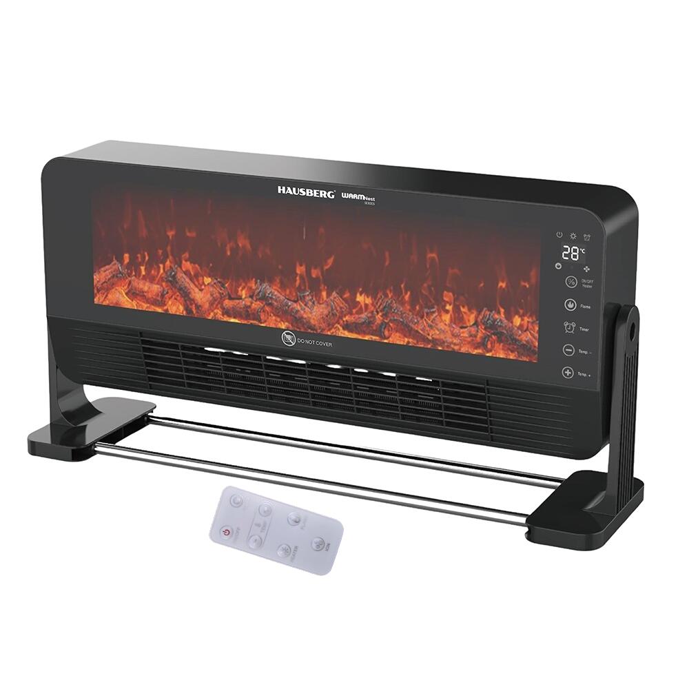 HAUSBERG HB-8216NG Elektromos kandalló ventilátorral, távirányítóval, 2000W, 2 fűtési fokozat, kerámia PTC fűtés lánghatással, termosztát 15-35 °C, IP24 védelem