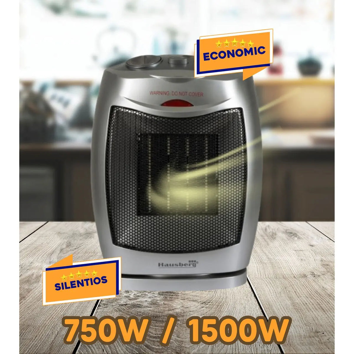 Kerámia hősugárzó HAUSBERG HB-8300, 1500W, Állítható termosztát, 2 sebességfokozat, Ventilátor funkció, Felborulás elleni védelem, Csendes, Hordozófül