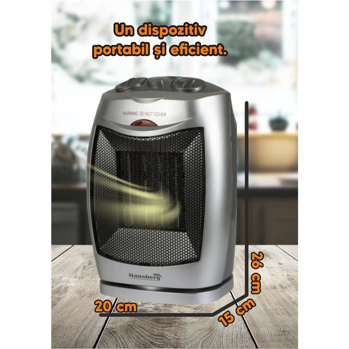 Kerámia hősugárzó HAUSBERG HB-8300, 1500W, Állítható termosztát, 2 sebességfokozat, Ventilátor funkció, Felborulás elleni védelem, Csendes, Hordozófül