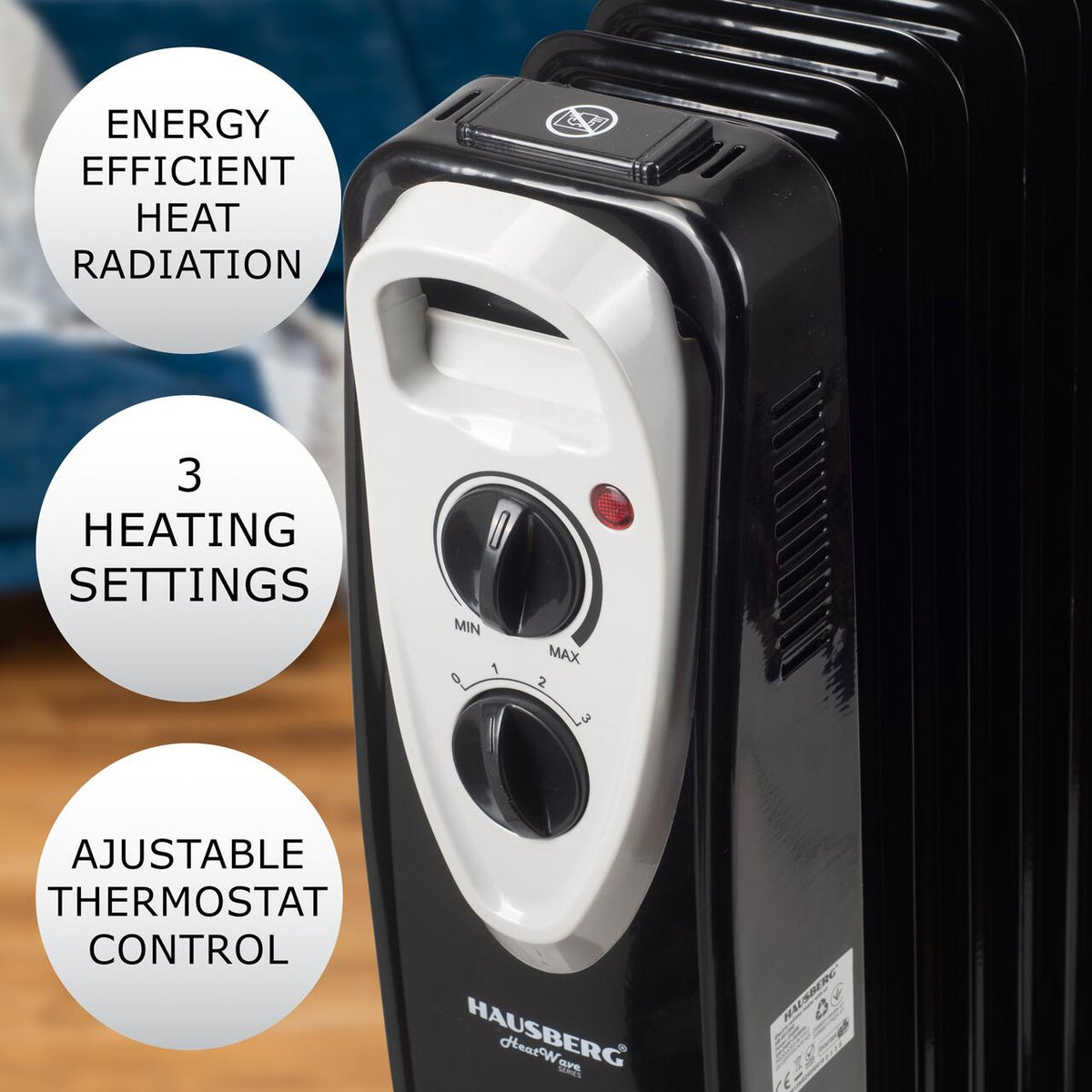 HAUSBERG HB-8913NG elektromos olajradiátor, 2500 W, 13 tagú, 3 teljesítményfokozat, Állítható termosztát, Túlmelegedés elleni védelem, Felborulás elleni védelem, Működésjelző lámpa