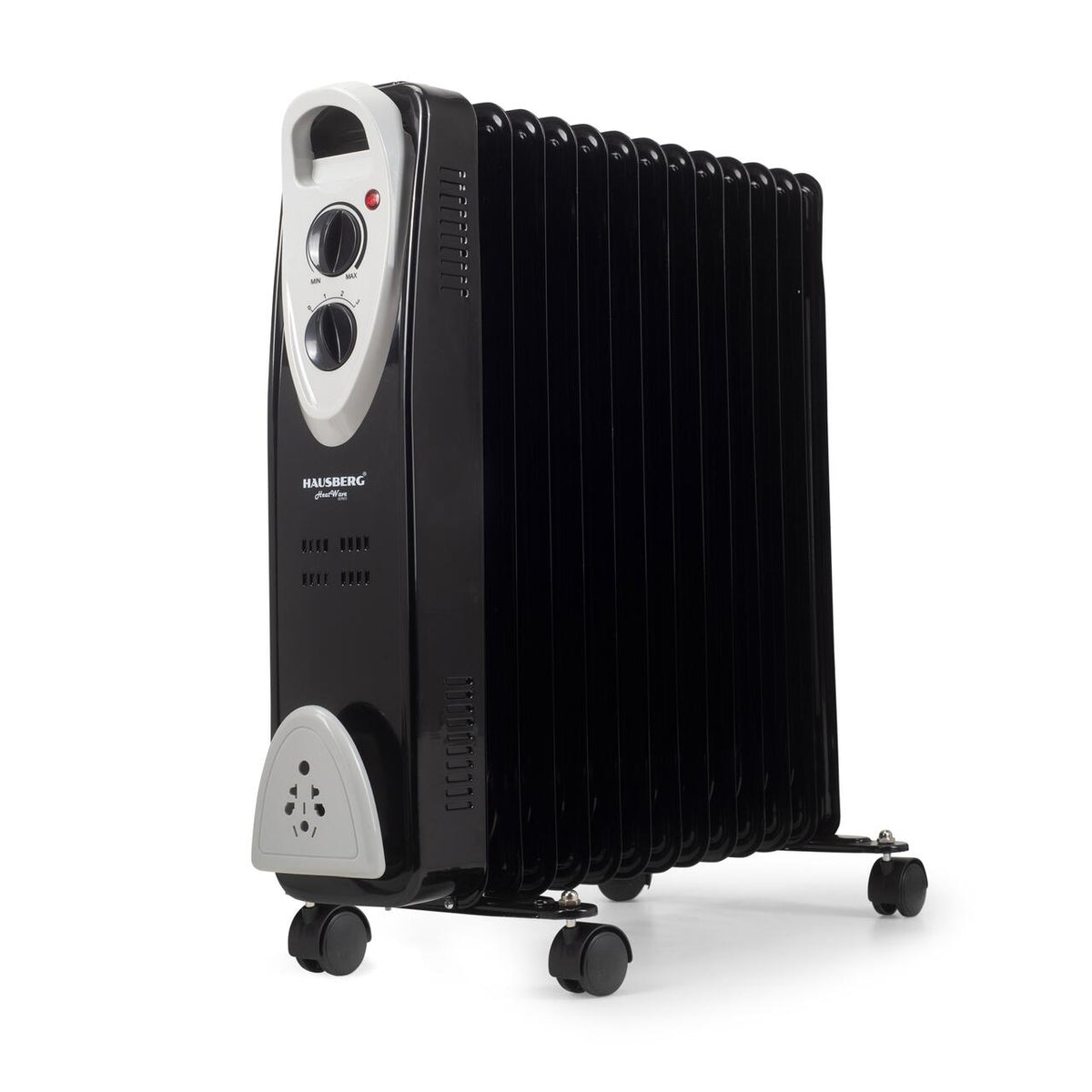 HAUSBERG HB-8913NG elektromos olajradiátor, 2500 W, 13 tagú, 3 teljesítményfokozat, Állítható termosztát, Túlmelegedés elleni védelem, Felborulás elleni védelem, Működésjelző lámpa