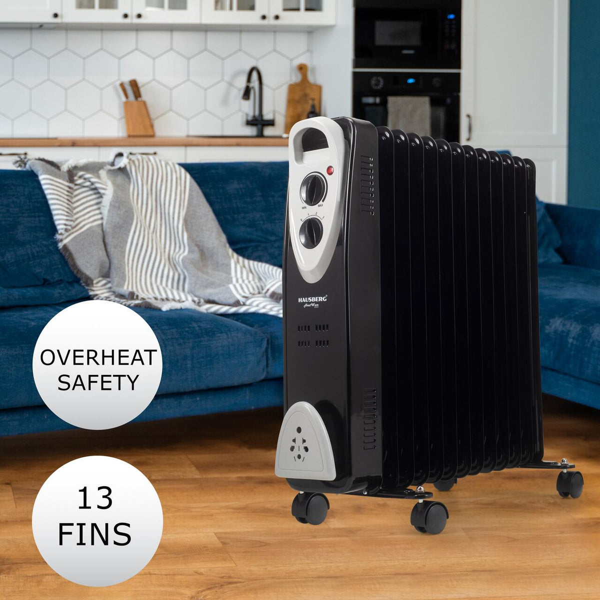 HAUSBERG HB-8913NG elektromos olajradiátor, 2500 W, 13 tagú, 3 teljesítményfokozat, Állítható termosztát, Túlmelegedés elleni védelem, Felborulás elleni védelem, Működésjelző lámpa
