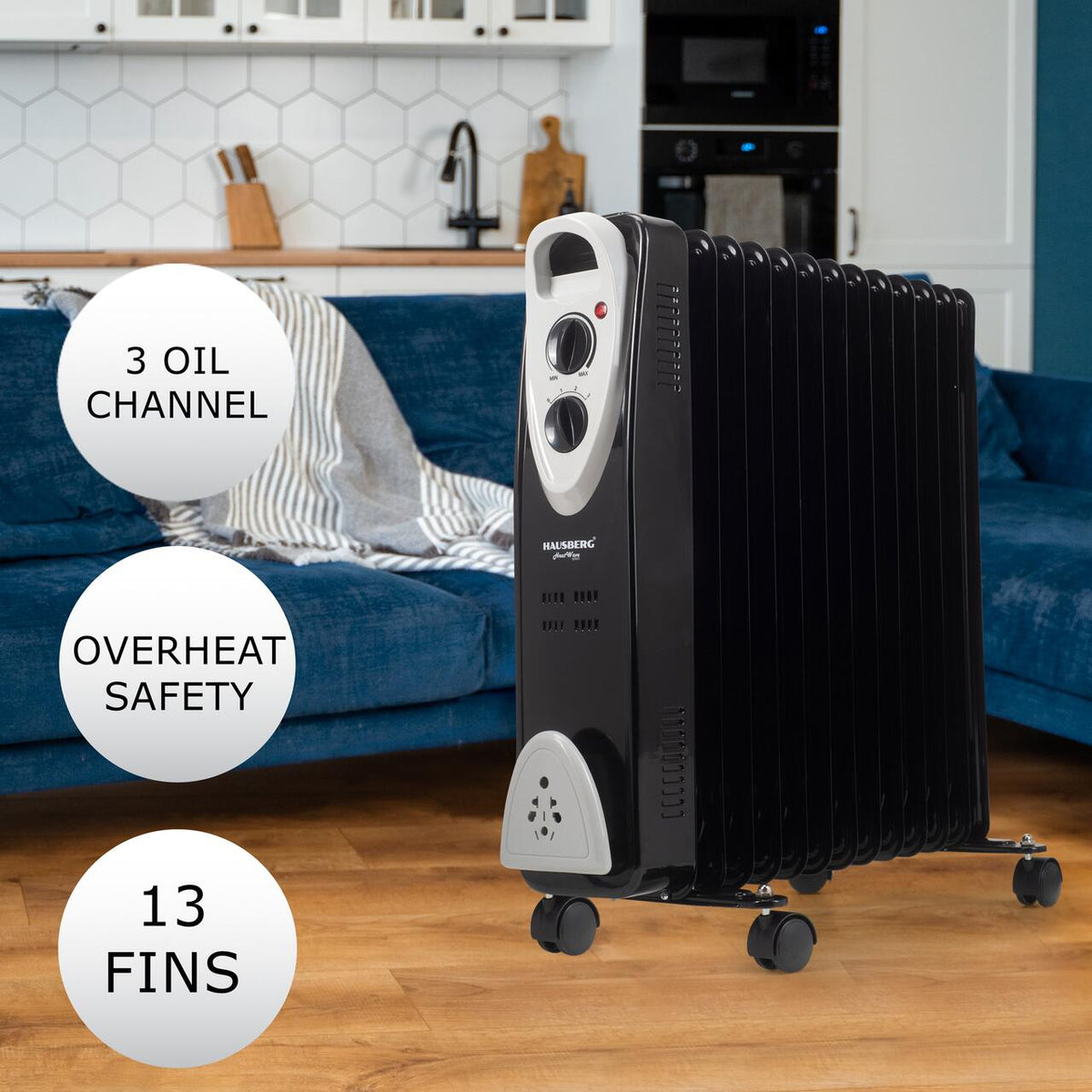 HAUSBERG HB-8913NG elektromos olajradiátor, 2500 W, 13 tagú, 3 teljesítményfokozat, Állítható termosztát, Túlmelegedés elleni védelem, Felborulás elleni védelem, Működésjelző lámpa