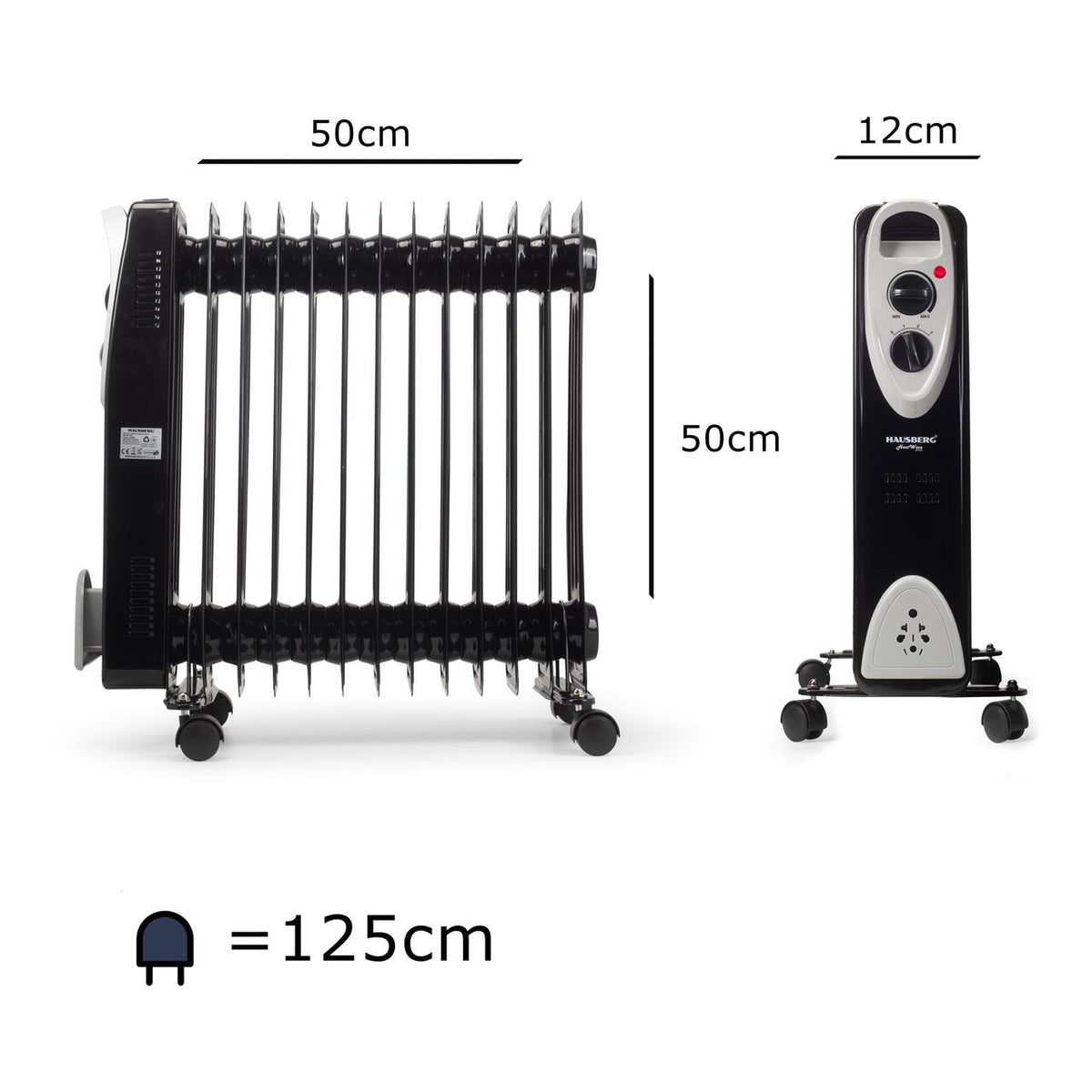 HAUSBERG HB-8913NG elektromos olajradiátor, 2500 W, 13 tagú, 3 teljesítményfokozat, Állítható termosztát, Túlmelegedés elleni védelem, Felborulás elleni védelem, Működésjelző lámpa