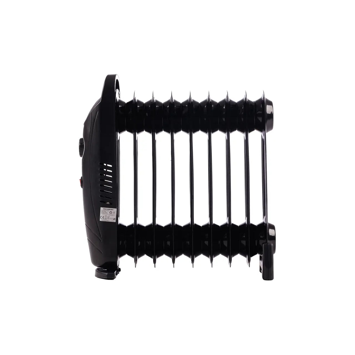HAUSBERG HB-8945 olajradiátor, egy fűtési fokozat, 1000-1200 W, 9 tag 110 mm x 330 mm, állítható termosztát, fogantyú és görgők a könnyű mozgatáshoz, működésjelző fény