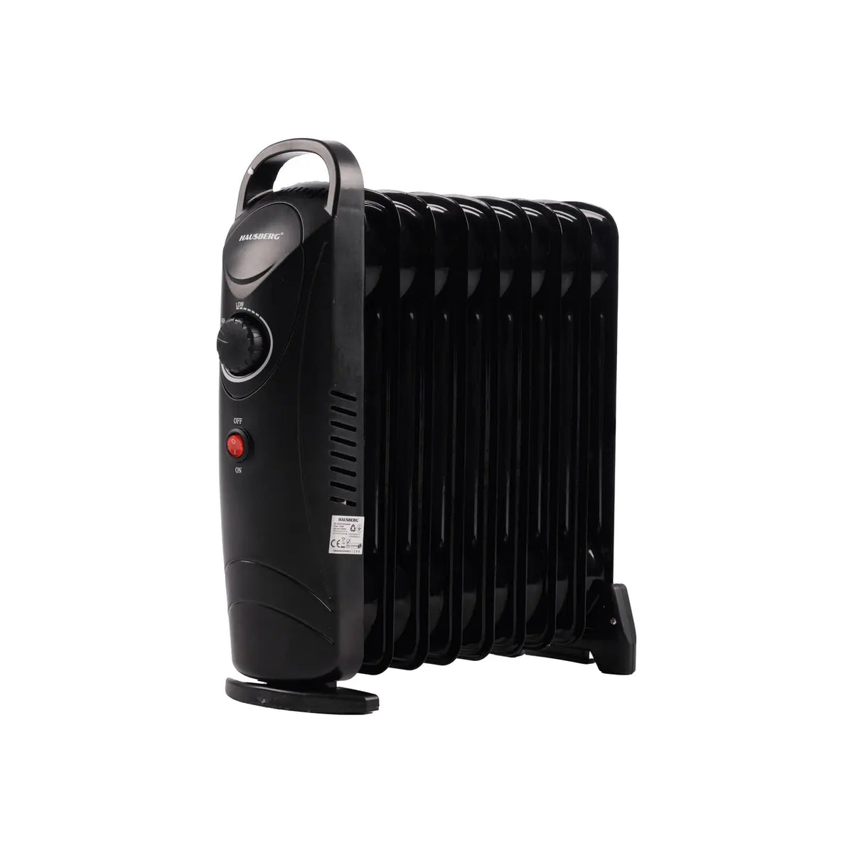 HAUSBERG HB-8945 olajradiátor, egy fűtési fokozat, 1000-1200 W, 9 tag 110 mm x 330 mm, állítható termosztát, fogantyú és görgők a könnyű mozgatáshoz, működésjelző fény