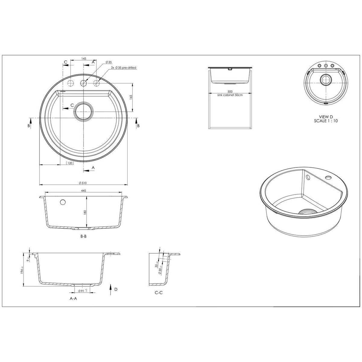 HAUSBERG Adina HBC-9701 konyhai mosogató, kompozit, fekete, kerek tálca, 51 cm átmérő