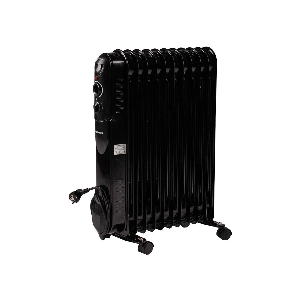 HAUSBERG HB-8925 olajradiátor, 3 fokozat, 1000-1500-2500 W, 11 tag, 110 mm x 580 mm, állítható termosztát, fogantyú és kerekek a könnyű mozgatáshoz, működésjelző lámpa