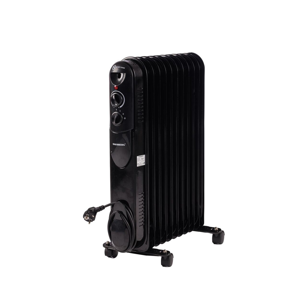 HAUSBERG HB-8925 olajradiátor, 3 fokozat, 1000-1500-2500 W, 11 tag, 110 mm x 580 mm, állítható termosztát, fogantyú és kerekek a könnyű mozgatáshoz, működésjelző lámpa