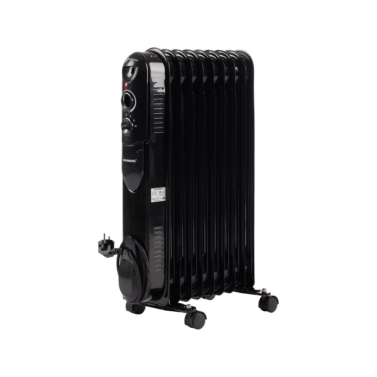 HAUSBERG HB-8915 elektromos olajradiátor, 3 fokozat, 800-1200-2000 W, 9 tag 110 mm x 580 mm, állítható termosztát, fogantyú és kerekek a könnyű mozgatáshoz, működésjelző fény