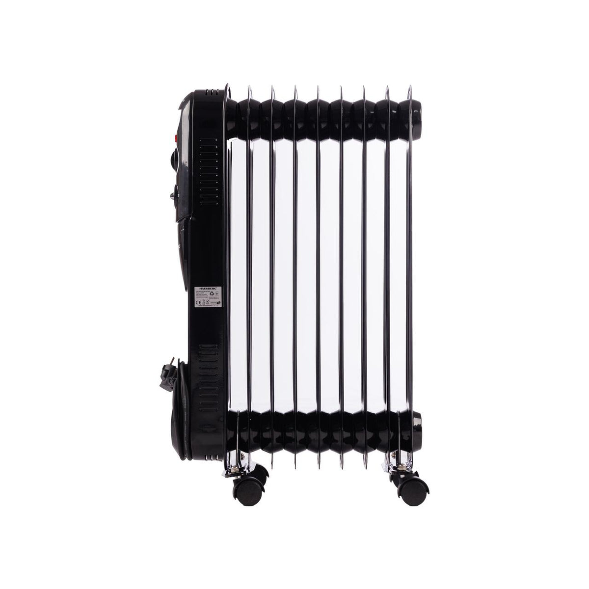 HAUSBERG HB-8915 elektromos olajradiátor, 3 fokozat, 800-1200-2000 W, 9 tag 110 mm x 580 mm, állítható termosztát, fogantyú és kerekek a könnyű mozgatáshoz, működésjelző fény