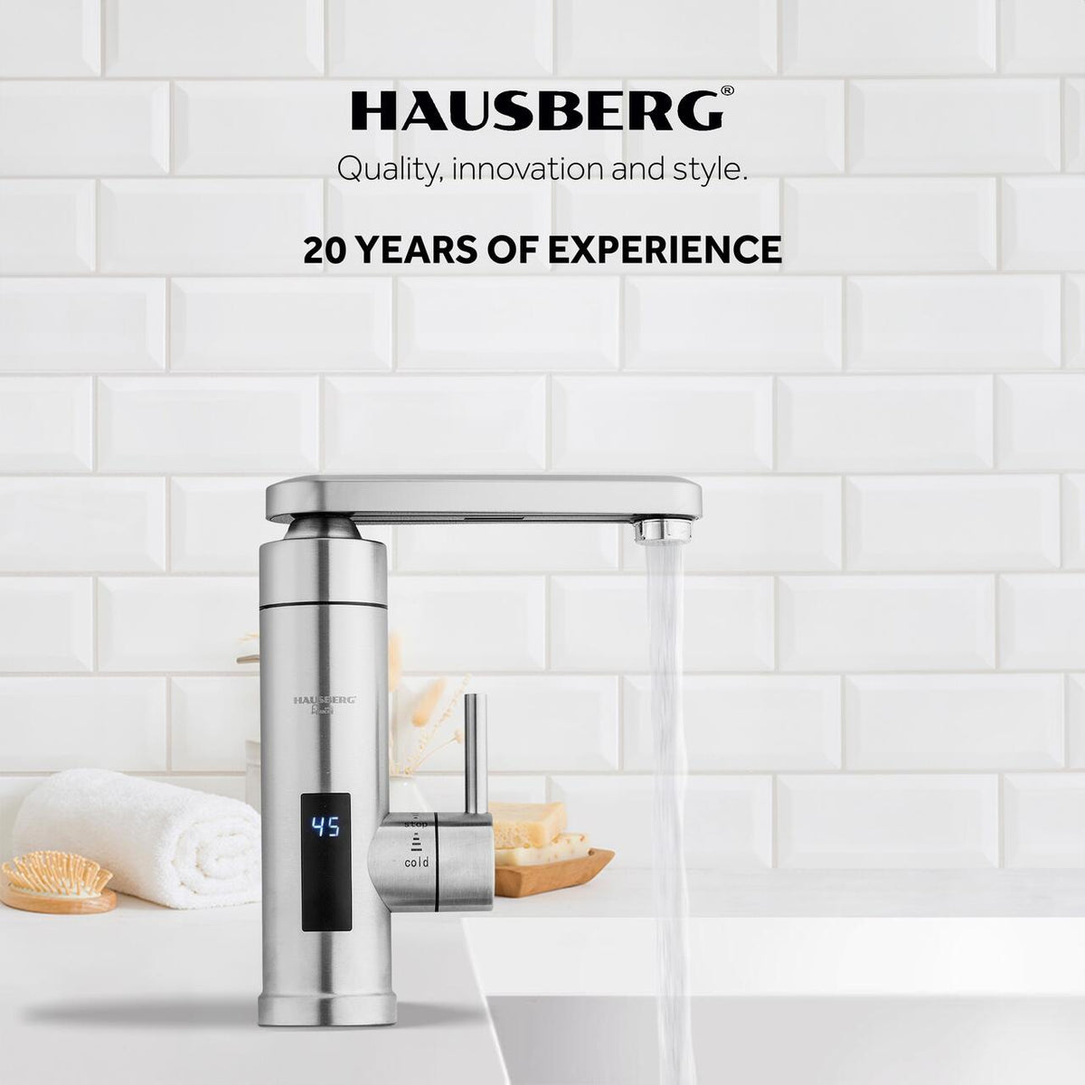 HAUSBERG HB-F5011 elektromos azonnali vízmelegítős konyhai csaptelep - 3600W - LED hőmérséklet kijelző - mosogatóra szerelhető - IPx4