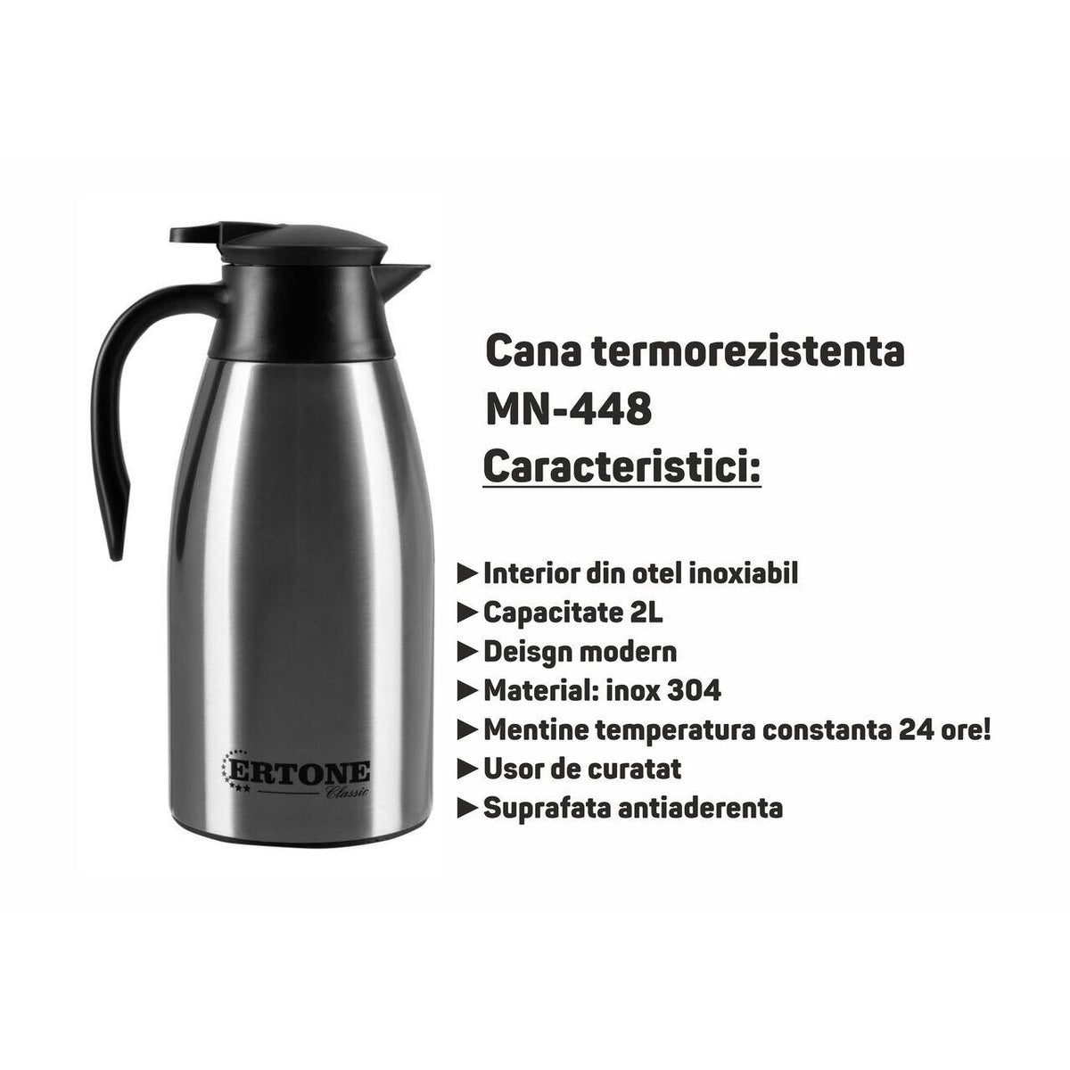 ERTONE MN-448 hőtartó termosz, 2 literes, modern design, Inox