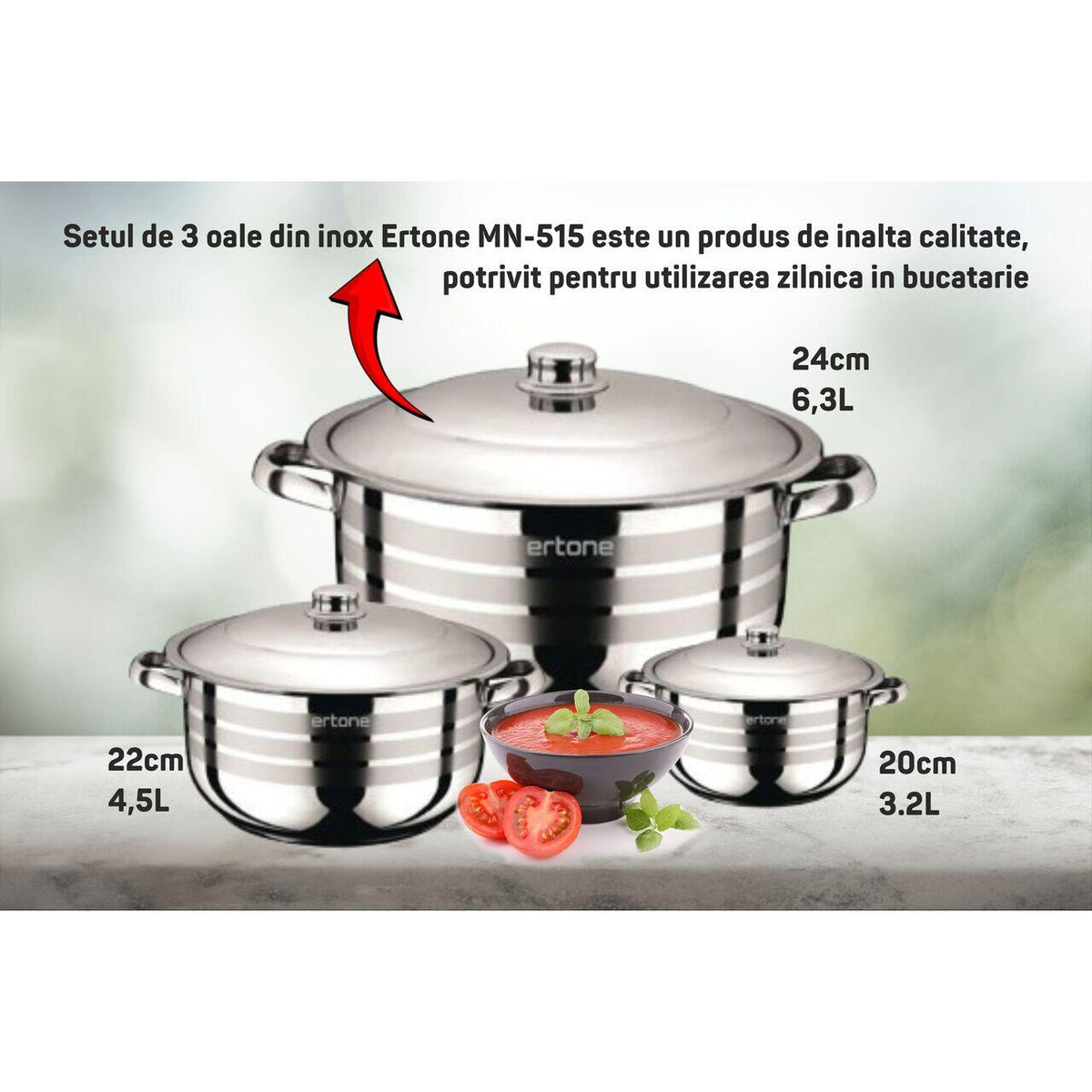 Ertone MN-515, 3 részes rozsdamentes edénykészlet 3 üvegfedővel, 20cm/3,2L, 22cm/4,5L, 24cm/6,3L, Rozsdamentes acél