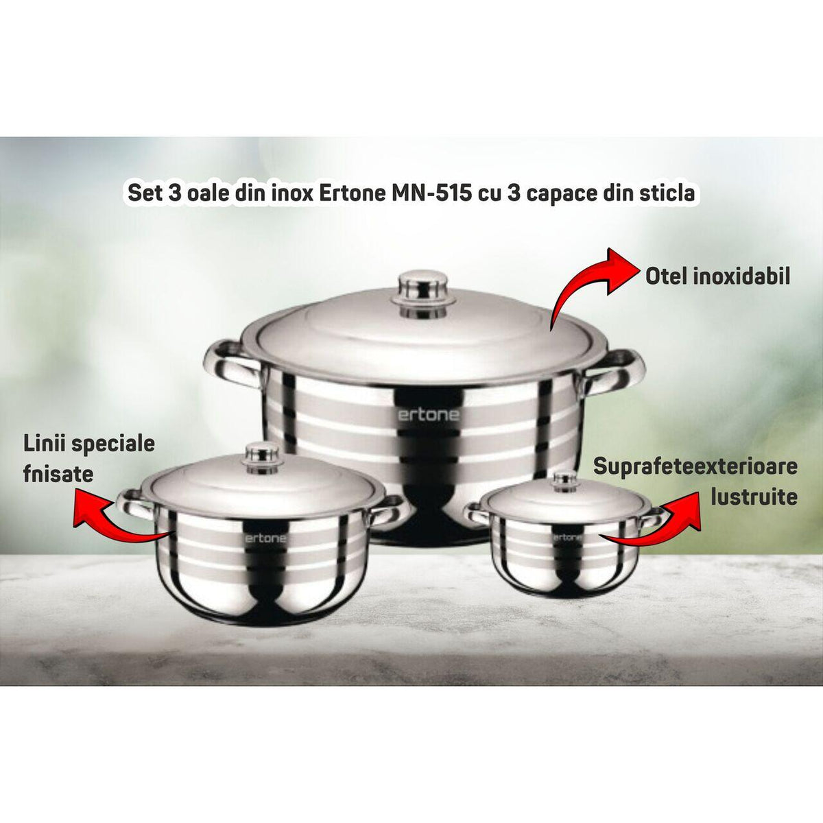 Ertone MN-515, 3 részes rozsdamentes edénykészlet 3 üvegfedővel, 20cm/3,2L, 22cm/4,5L, 24cm/6,3L, Rozsdamentes acél