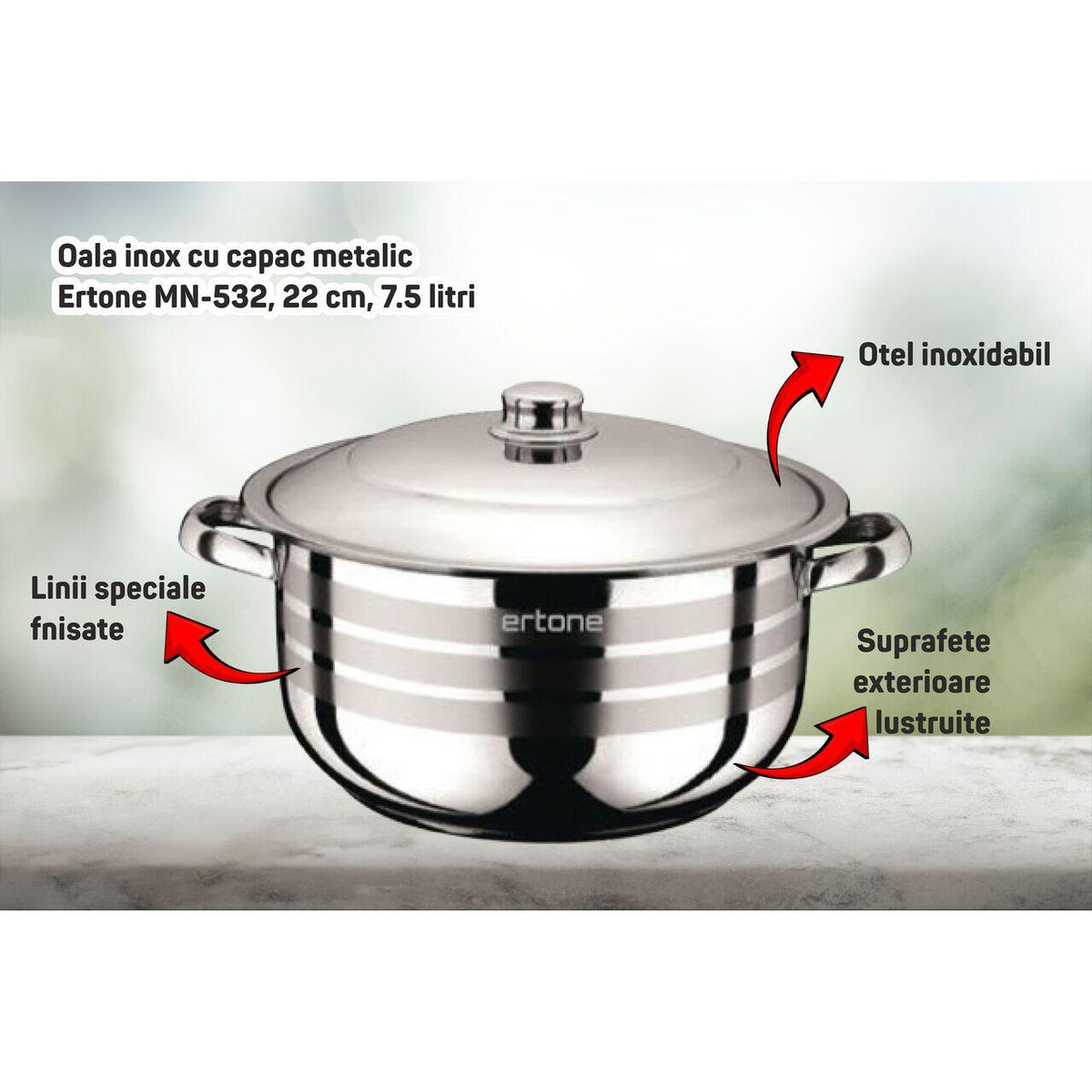 ERTONE MN-538, rozsdamentes acél edény fém fedővel, 28 cm, 11L