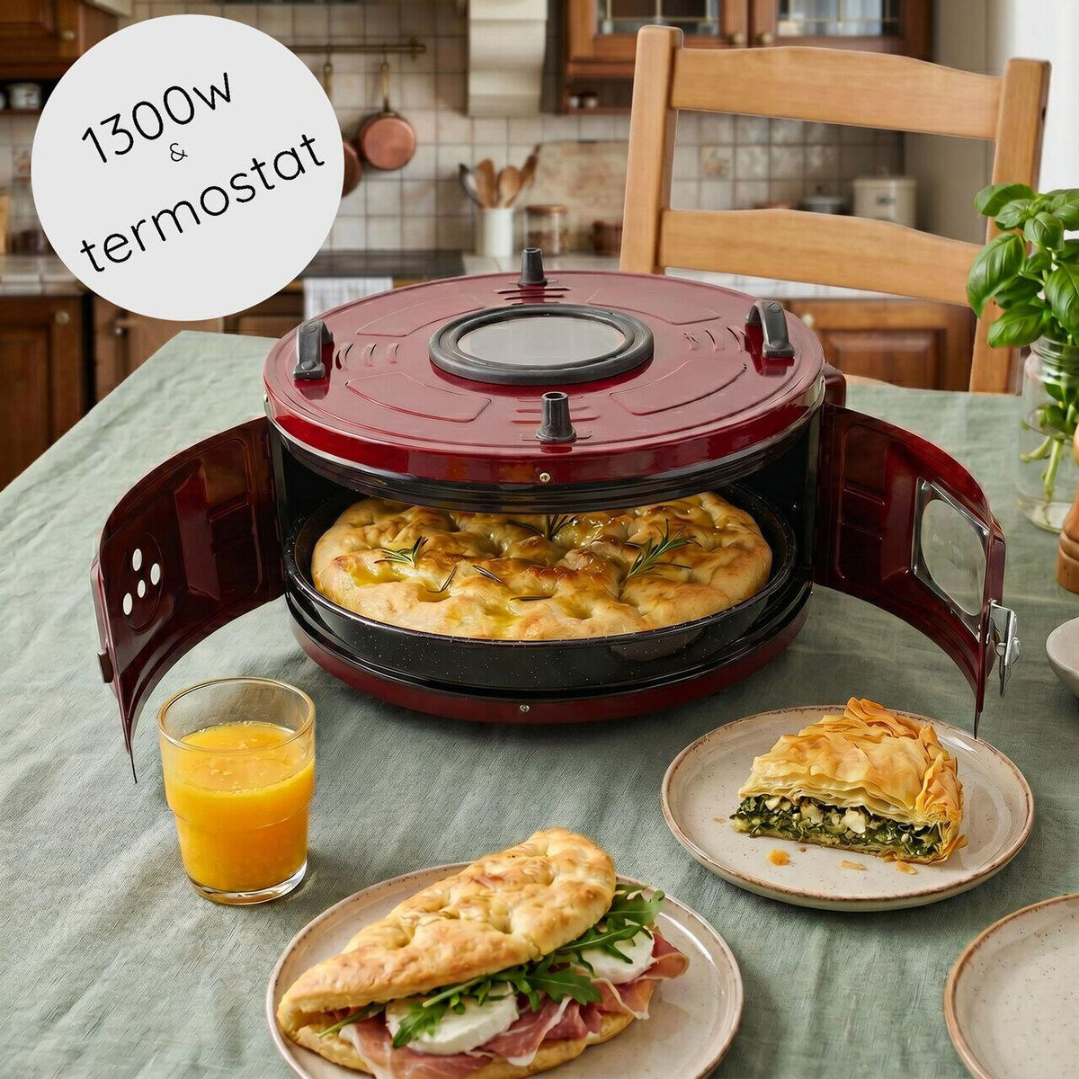 Ertone MN-9010VS kerek elektromos sütő termosztáttal, teljesítmény: 220-230V, 50Hz, 2 db fűtőelem 2 x 650W, 40l kapacitás, működésjelző lámpa