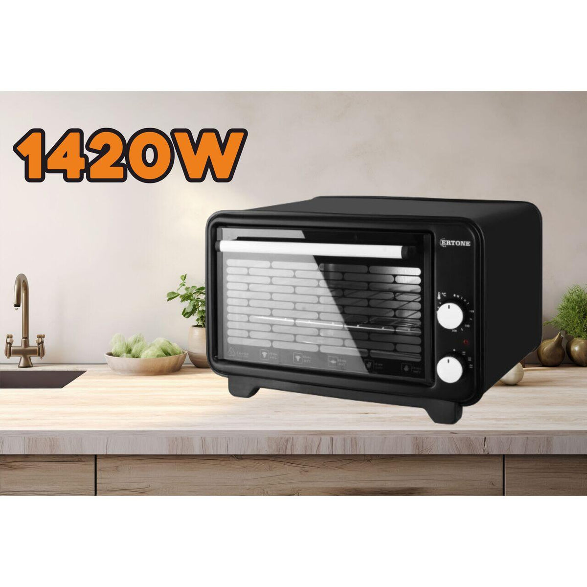 Ertone MN9135NG elektromos sütő, 36L, 1420W, termosztát, 2 tepsi, fekete