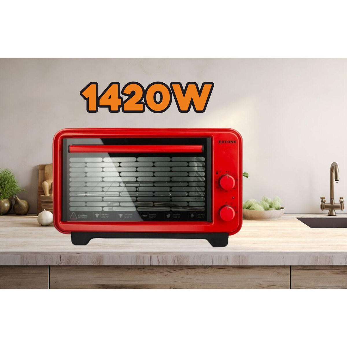 Ertone MN9135RS elektromos sütő, 36L, 1420W, állítható magasság, 2 tepsi, piros