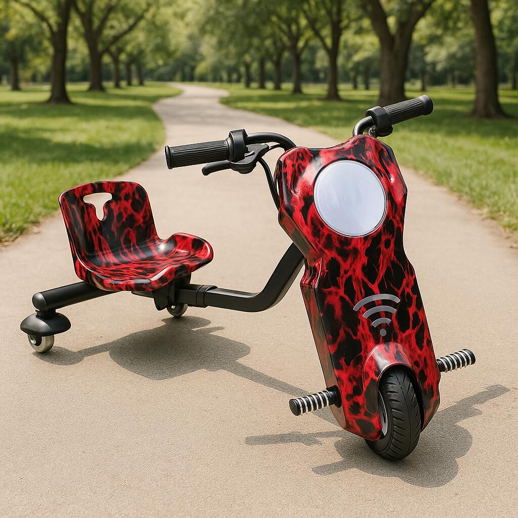 HAUSBERG HB-KD04RS drift elektromos tricikli gyerekeknek,*Teljesítmény: 150-200W motor Bluetooth, 3 sebességi szint, hátsó felfüggesztés, hatótáv 8-12 km, töltési idő 3 óra, tartozékok