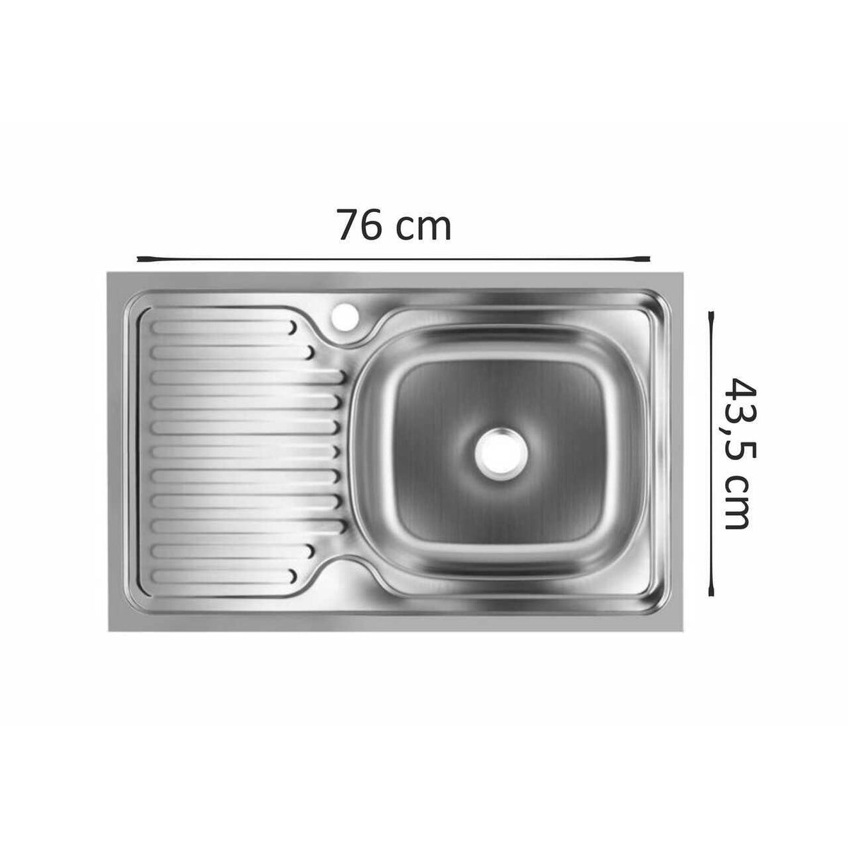 Sanitec SN7002D konyhai mosogató, pultra szerelhető, 76x43.5 cm, jobb oldali medence, 16 cm mély, vízkőmentes, rozsdamentes acél