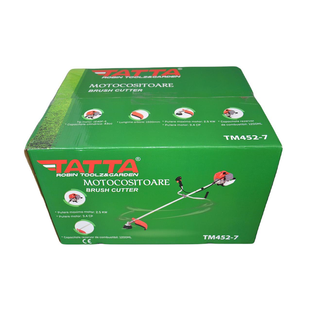 Tatta TM-452 bozótvágó, 3.4 LE, motorfordulatszám terhelés alatt 9000 ford./perc, alapjárati fordulatszám 3000 ford./perc, tartály 1200 ml, 1500 mm, 7 tartozék mellékelve