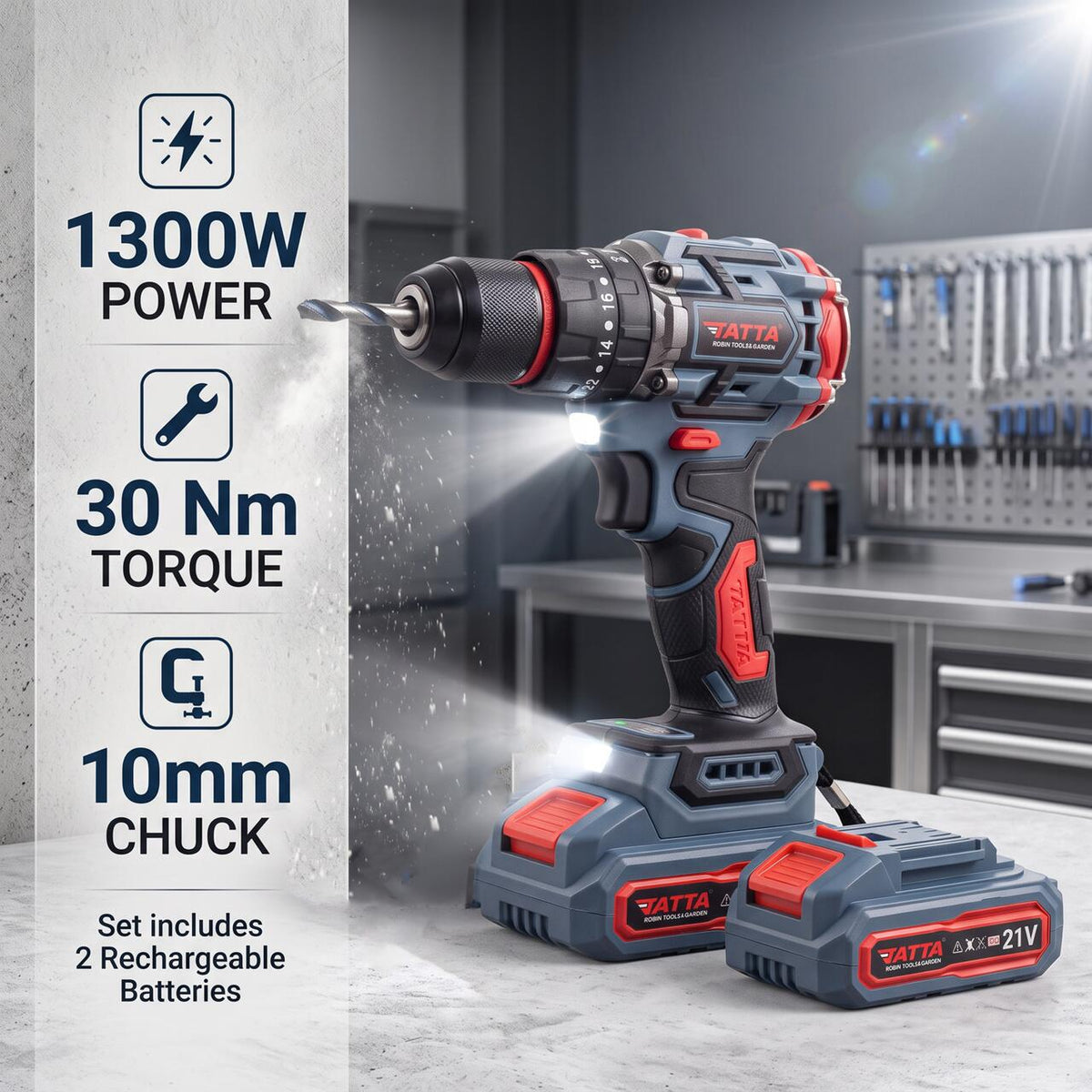 Tatta TD5320 Elektromos fúrógép, 21V, 1300W, 30 Nm, 0-3000 RPM, 10 mm-es tokmány, 2 akkumulátorral