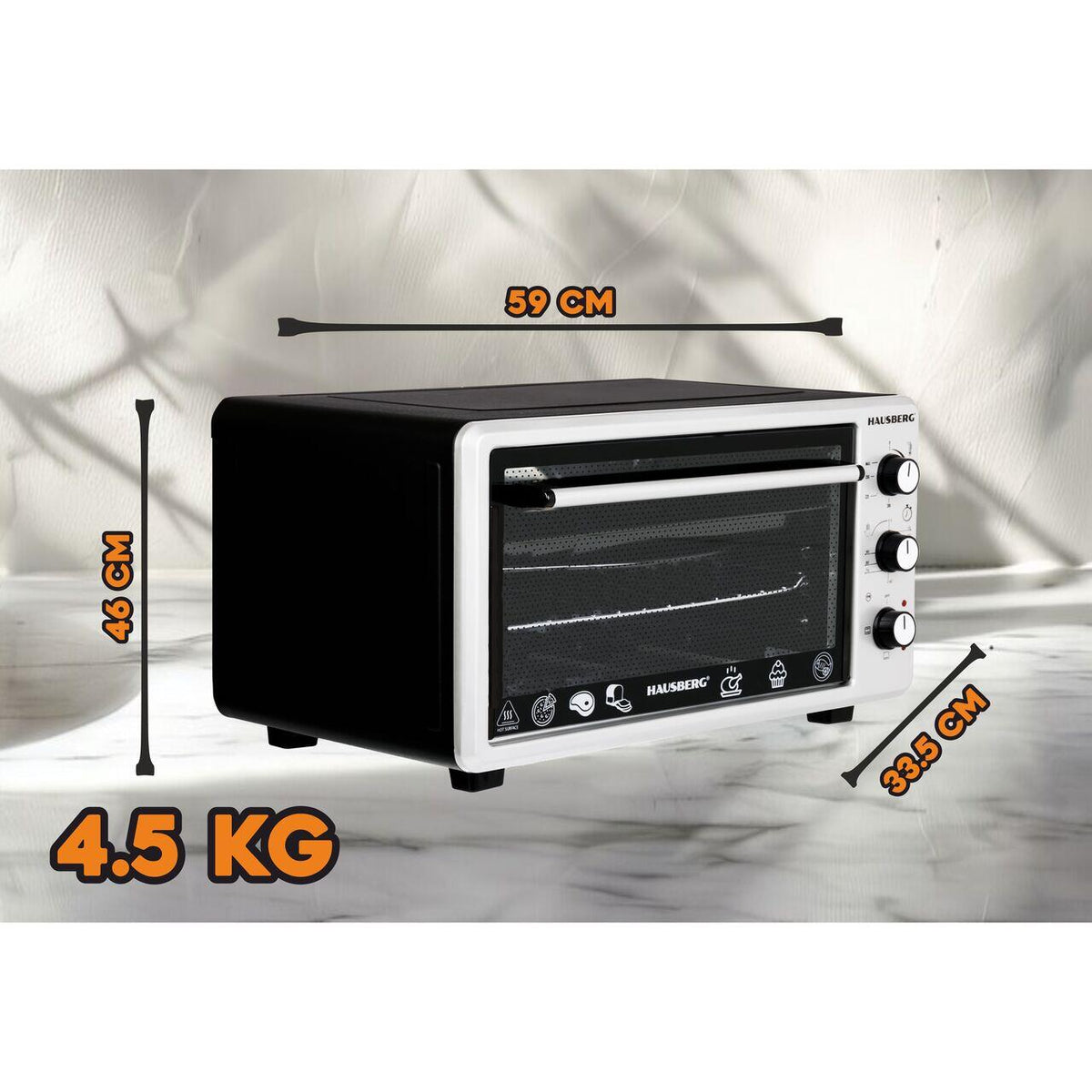 Hausberg HB-8000P elektromos sütő, 48 literes kapacitás, 1800W teljesítmény, maximum 230 fokos hőmérséklet, hangjelzéssel ellátott időzítő