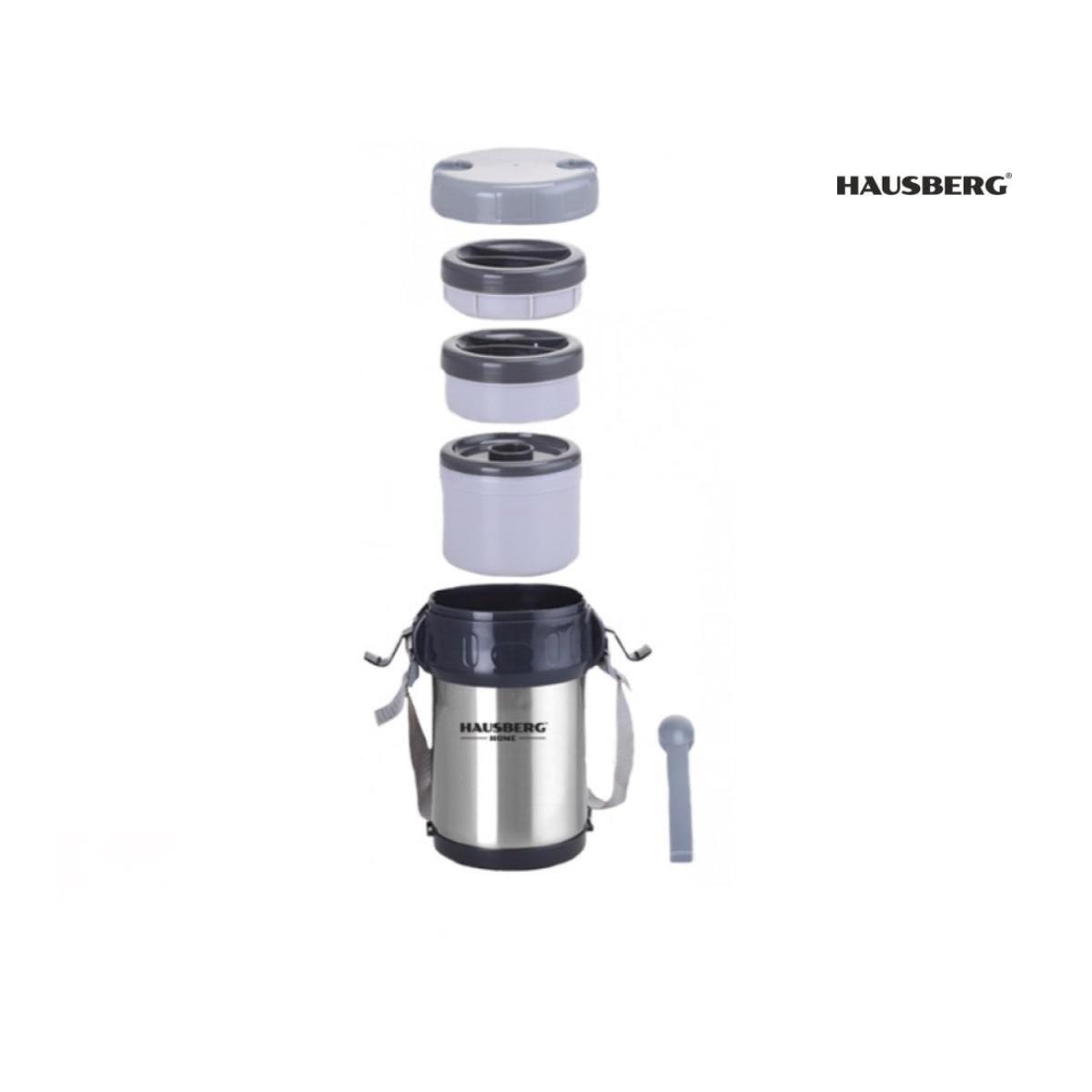 Thermos Hausberg HB H1461 ételhordó doboz, 2 liter, rozsdamentes acél, 3 különálló edény, kanál, villa, inox