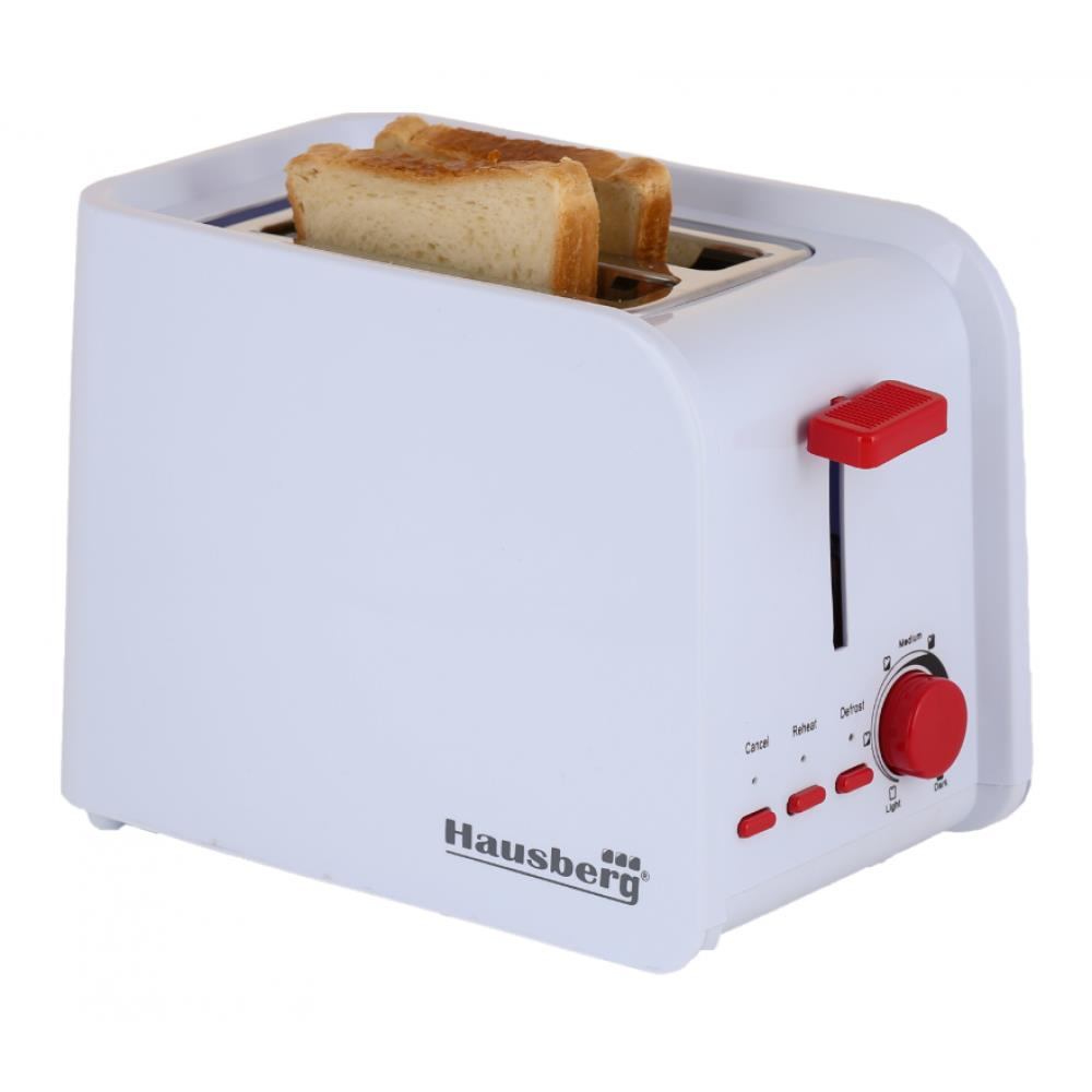 Hausberg HB-195RS kenyérpirító, 750 W, 2 szelet, kiolvasztás funkció, újramelegítés funkció, 6 fokozat, fehér/piros