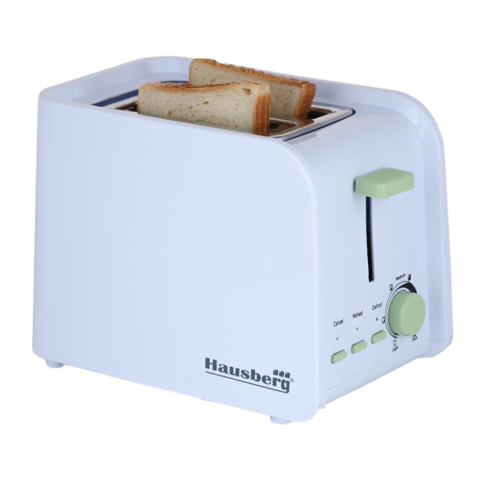 Hausberg HB-195VR kenyérpirító, 750 W, 2 szelet, kiolvasztás funkció, újramelegítés funkció, 6 fokozat, fehér/zöld