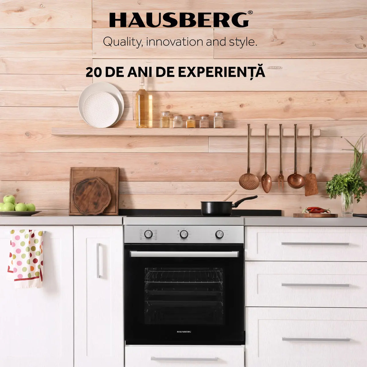 Hausberg HB-8053IN beépíthető sütő, elektromos, 2225 W teljesítmény, 71 l, 8 funkció, légkeverés, időzítő, A osztály, fekete/inox