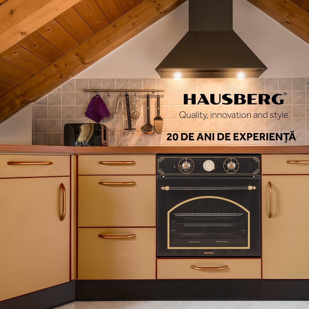 Hausberg HB-8055RST beépíthető sütő, elektromos, 2000 W teljesítmény, 57 l, 4 funkció, ventilátor, időzítő, A energiaosztály, fekete/arany