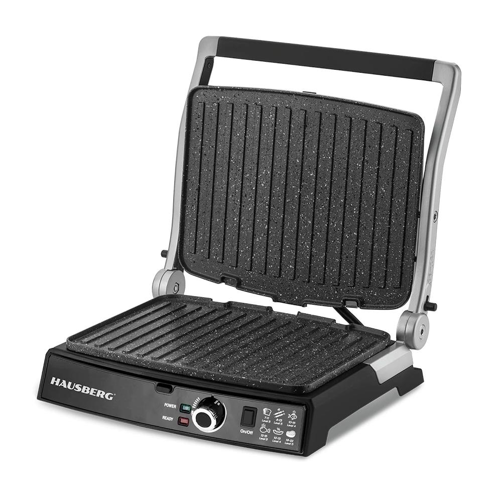 Hausberg HB633RS elektromos grill, 2000-2200 W, tapadásmentes lapok, 30x24,5 cm sütőfelület, termosztát, piros
