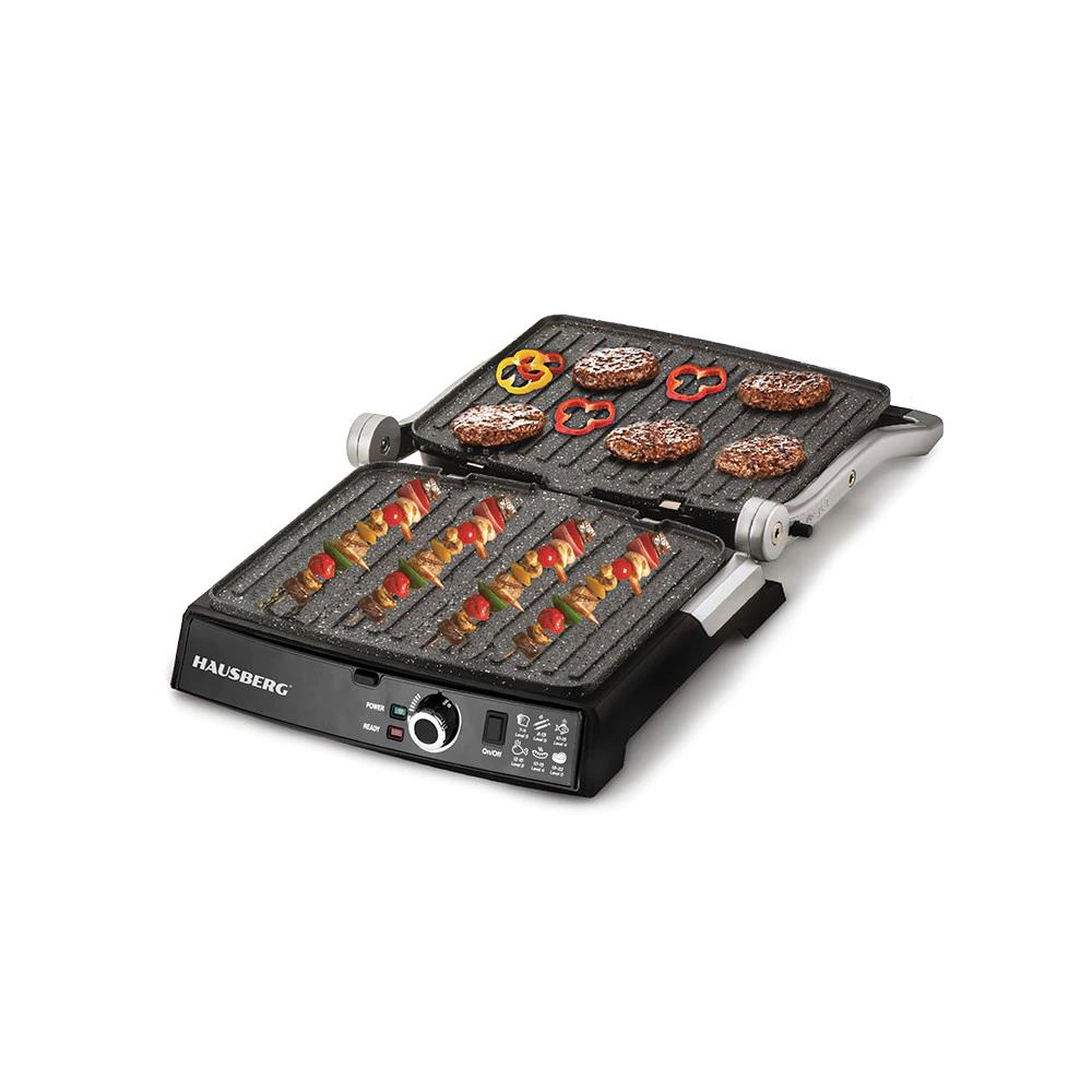 Hausberg HB633RS elektromos grill, 2000-2200 W, tapadásmentes lapok, 30x24,5 cm sütőfelület, termosztát, piros
