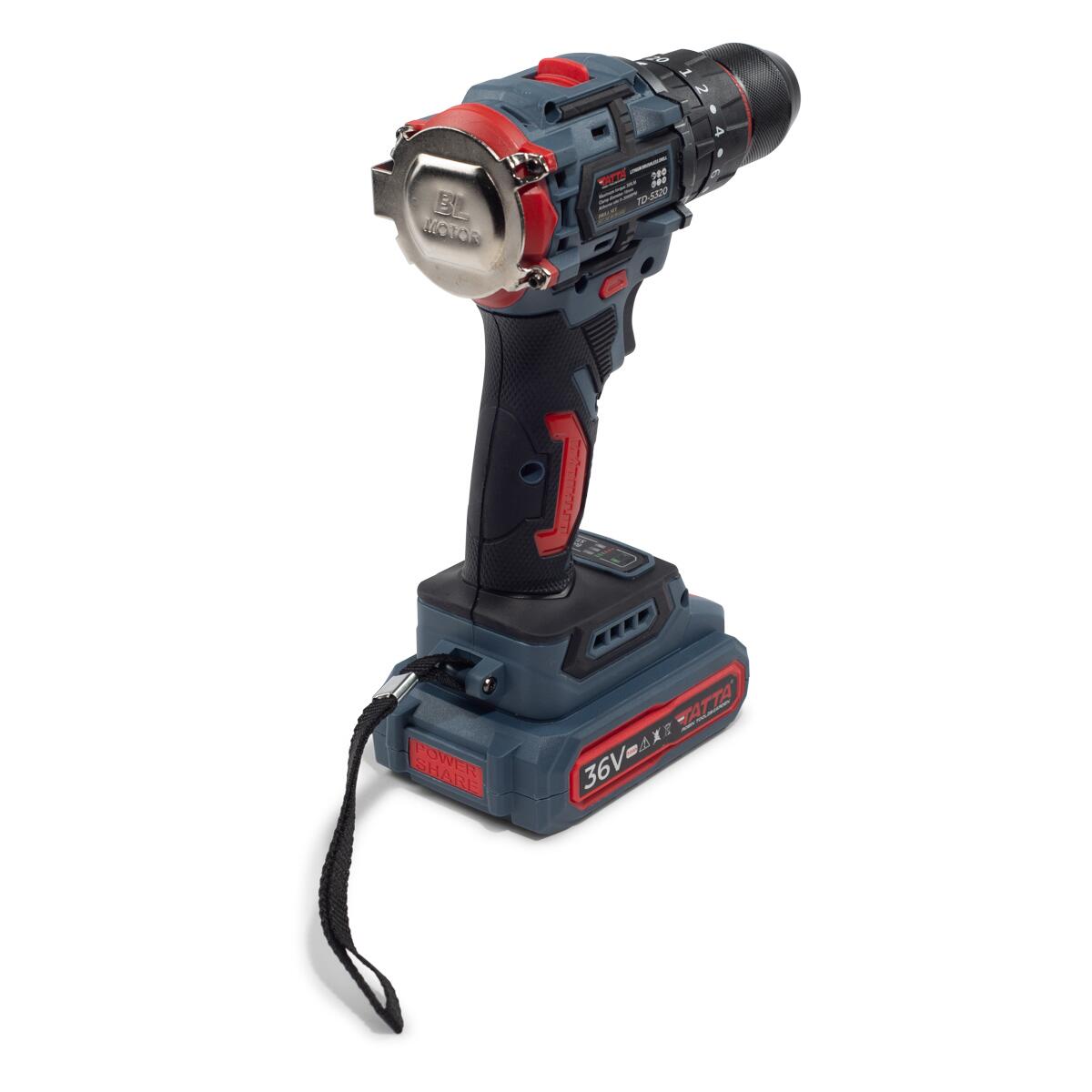 Tatta TD5320 Elektromos fúrógép, 21V, 1300W, 30 Nm, 0-3000 RPM, 10 mm-es tokmány, 2 akkumulátorral