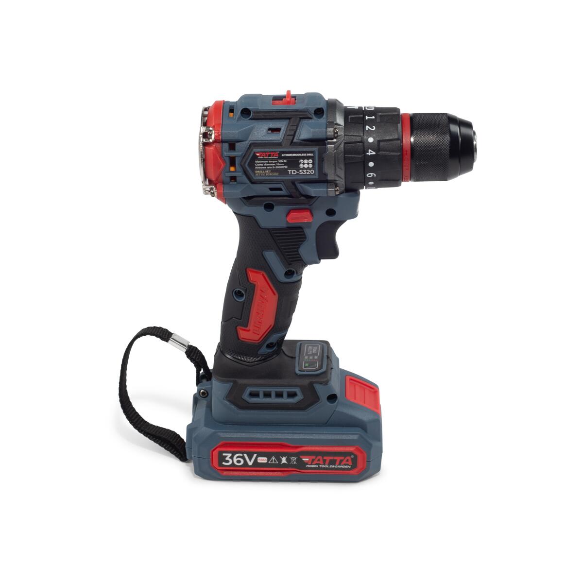 Tatta TD5320 Elektromos fúrógép, 21V, 1300W, 30 Nm, 0-3000 RPM, 10 mm-es tokmány, 2 akkumulátorral