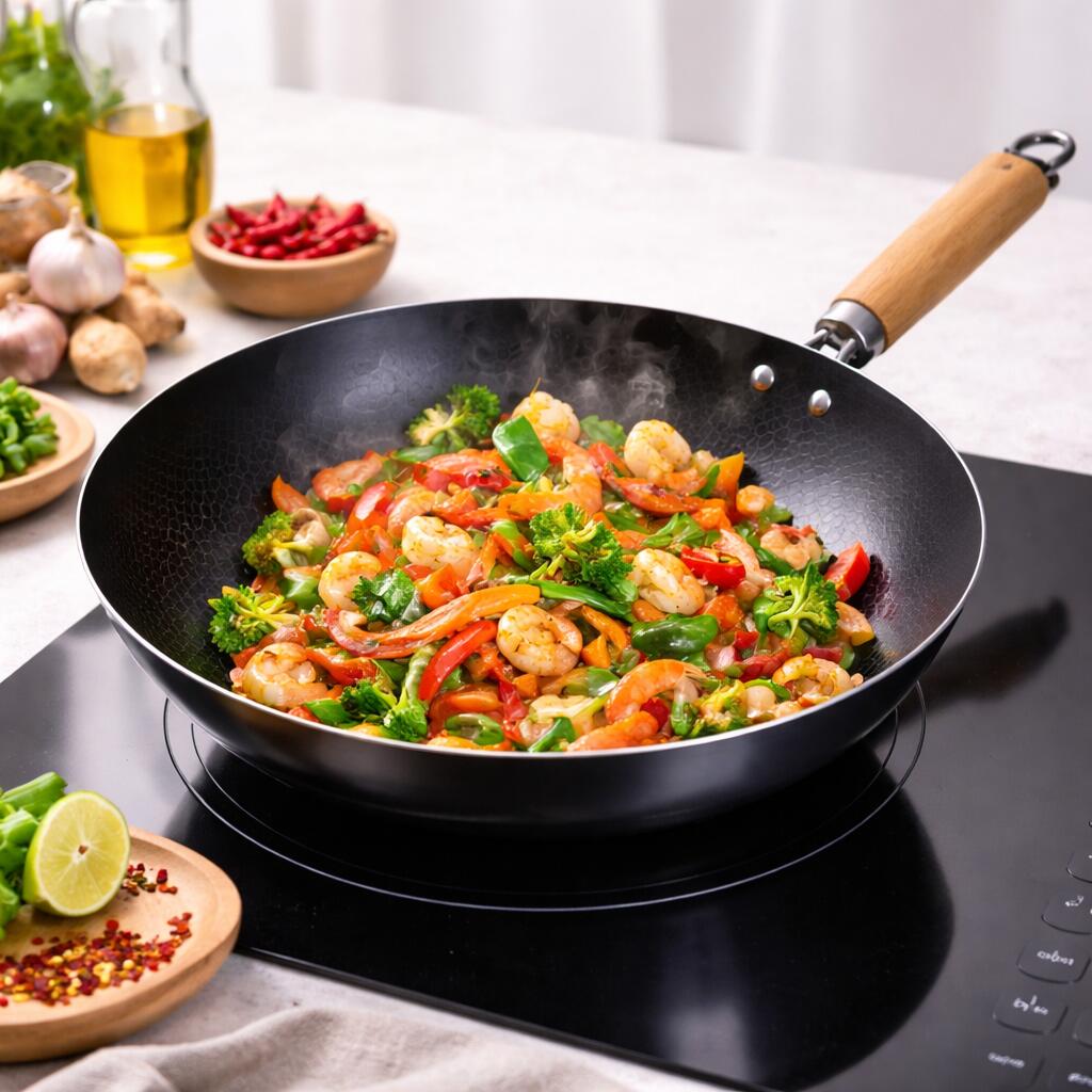 Hausberg HB-H LUX 850 öntöttvas WOK serpenyő, 28 cm, fa nyéllel